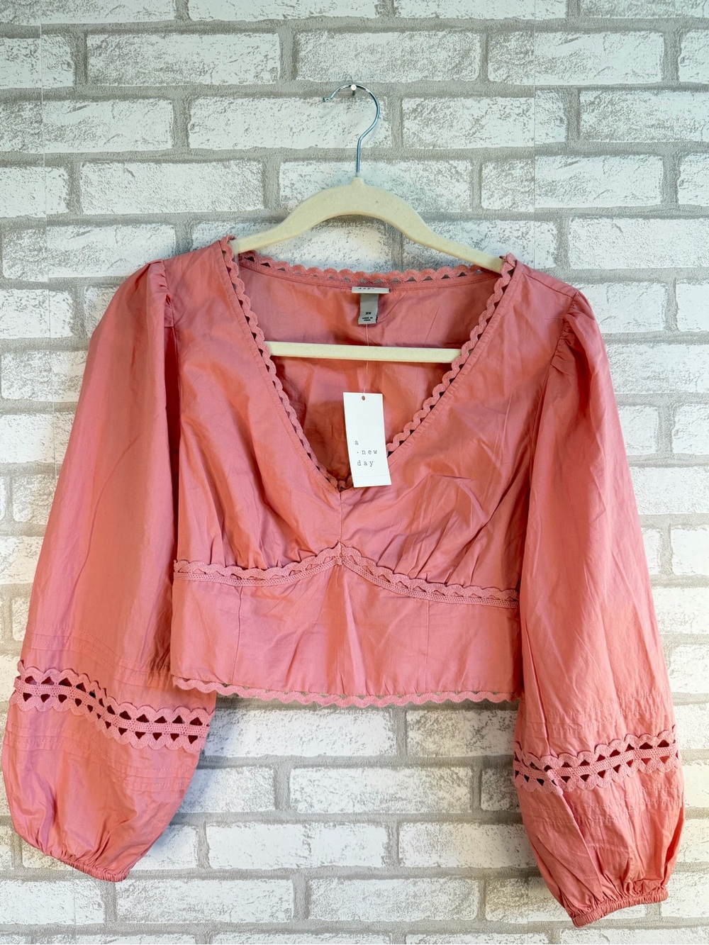 a new day Coral Pink V-Neck Eyelet-Trim Cropped Blouse